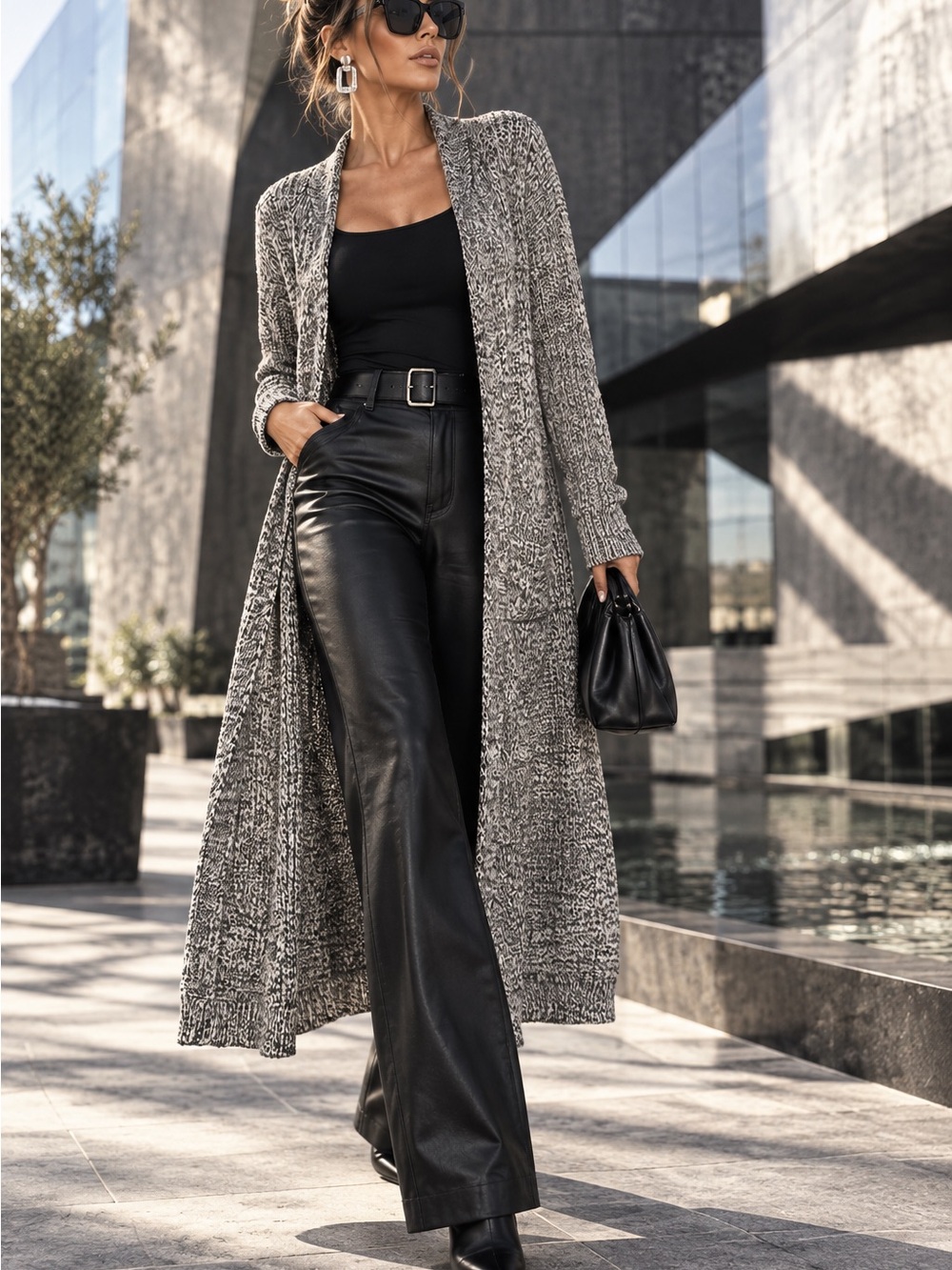 Torrid 1X Longline Cardigan Black White Marled Gray Open Textured Knit Duster